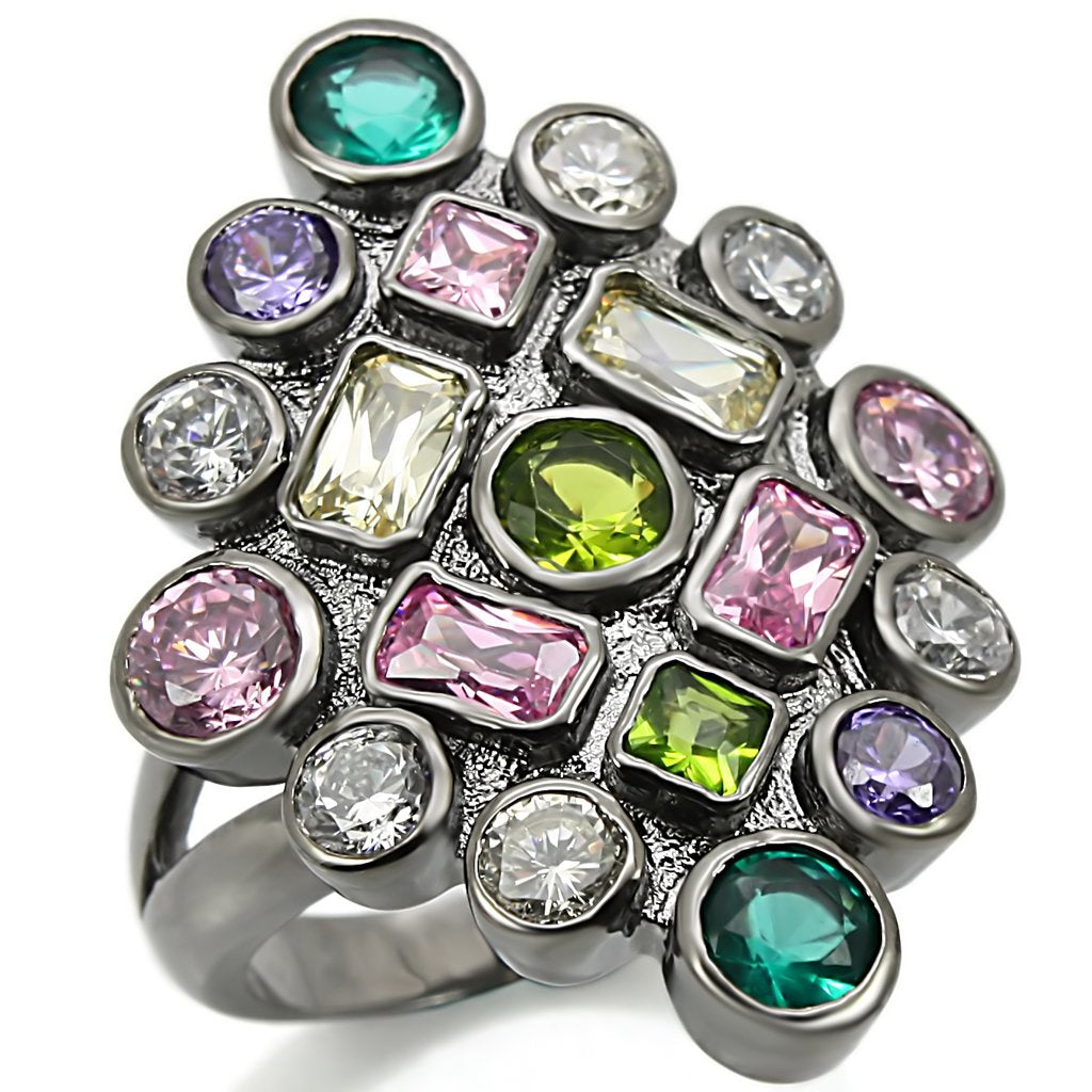 0W297 - Ruthenium Brass Ring with AAA Grade CZ  in Multi Color-0