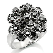 0W301 - Rhodium Brass Ring with Top Grade Crystal  in Jet-0