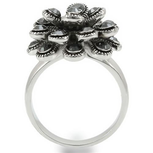 0W301 - Rhodium Brass Ring with Top Grade Crystal  in Jet-3