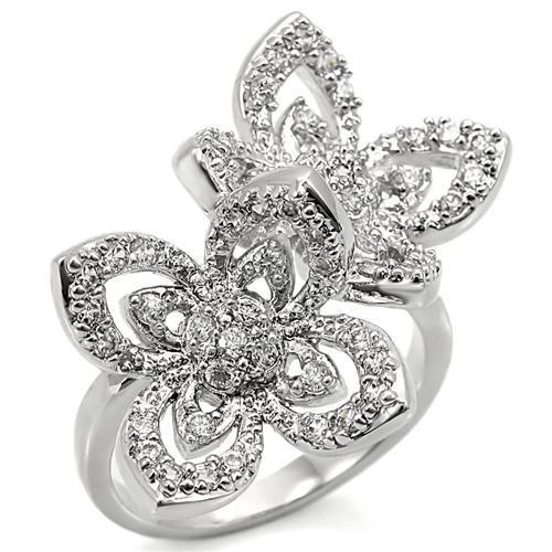 0W336 - Rhodium Brass Ring with AAA Grade CZ  in Clear-0