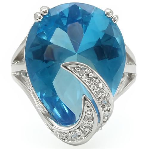 0W343 - Rhodium Brass Ring with Synthetic Synthetic Glass in Sea Blue-2