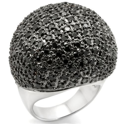 0W362 - Rhodium + Ruthenium Brass Ring with AAA Grade CZ  in Jet-0