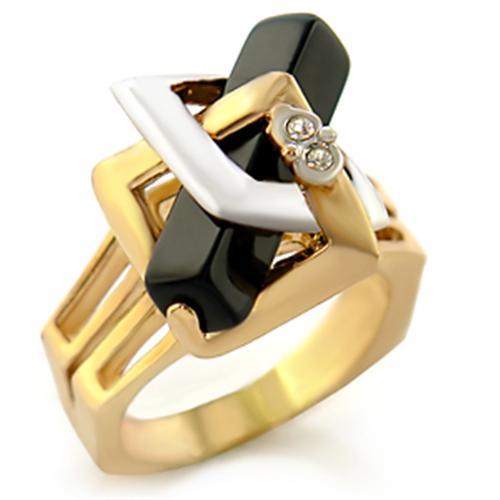 10108 - Gold+Rhodium Brass Ring with Semi-Precious Onyx in Jet-0