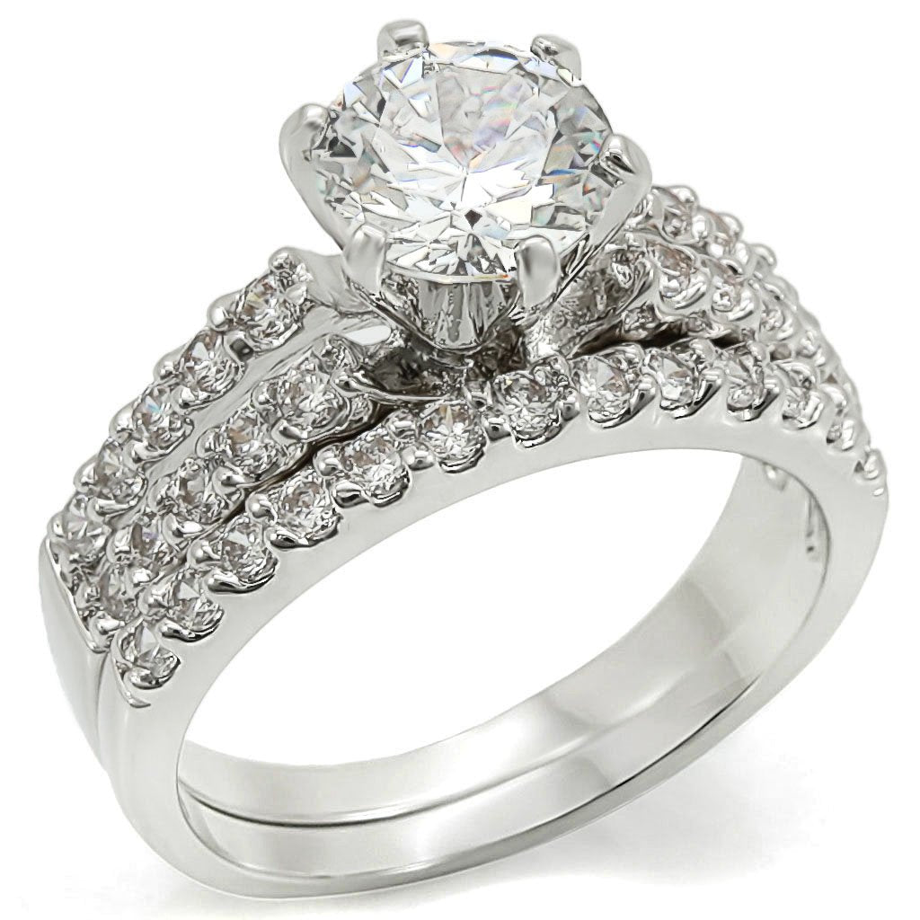 1W009 - Rhodium Brass Ring with AAA Grade CZ  in Clear-0