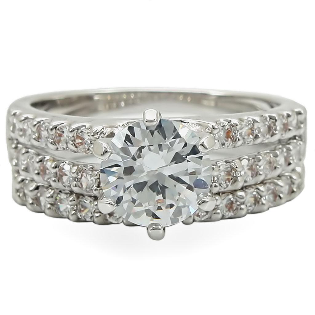 1W009 - Rhodium Brass Ring with AAA Grade CZ  in Clear-2