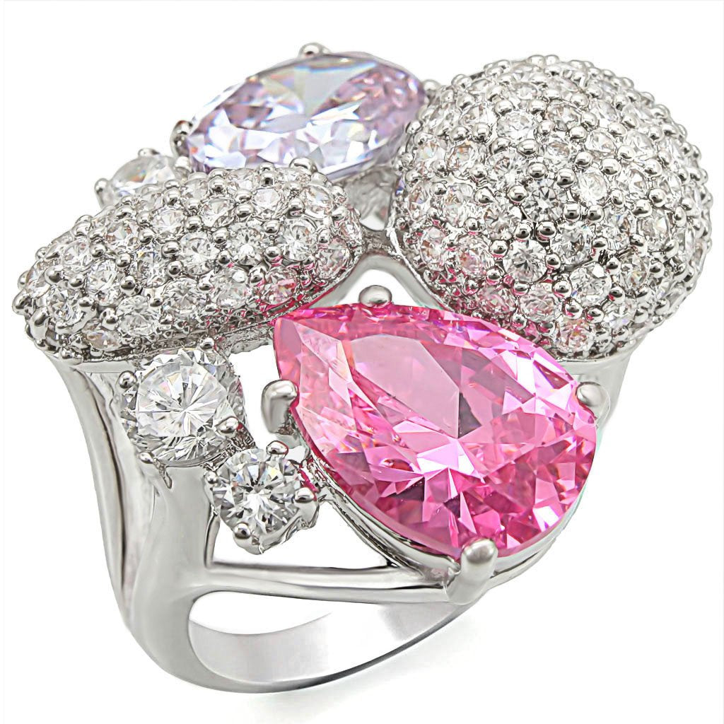 1W021 - Rhodium Brass Ring with AAA Grade CZ  in Multi Color-0