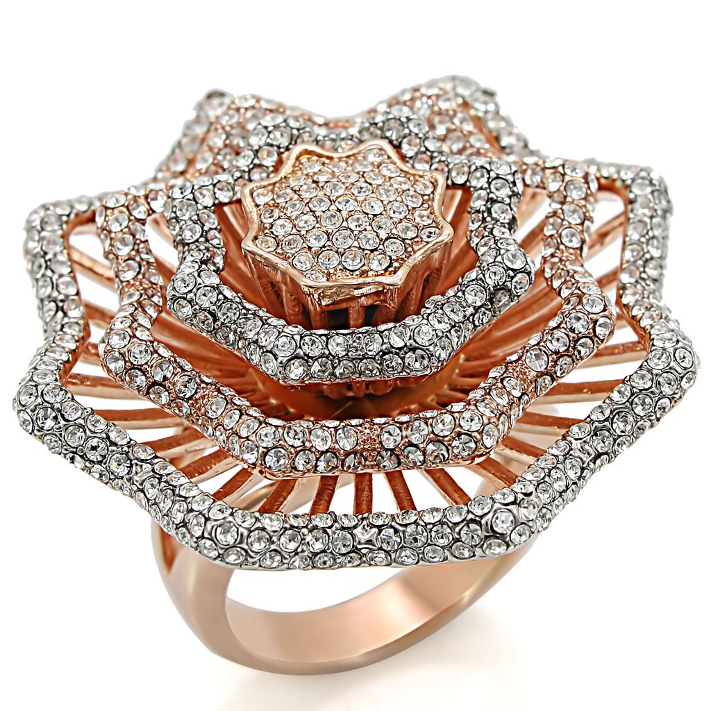 1W023 - Rose Gold + Rhodium Brass Ring with Top Grade Crystal  in Clear-0