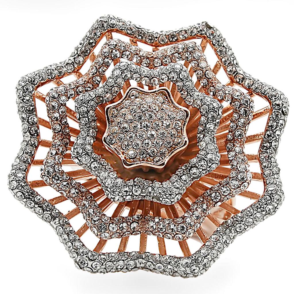 1W023 - Rose Gold + Rhodium Brass Ring with Top Grade Crystal  in Clear-2