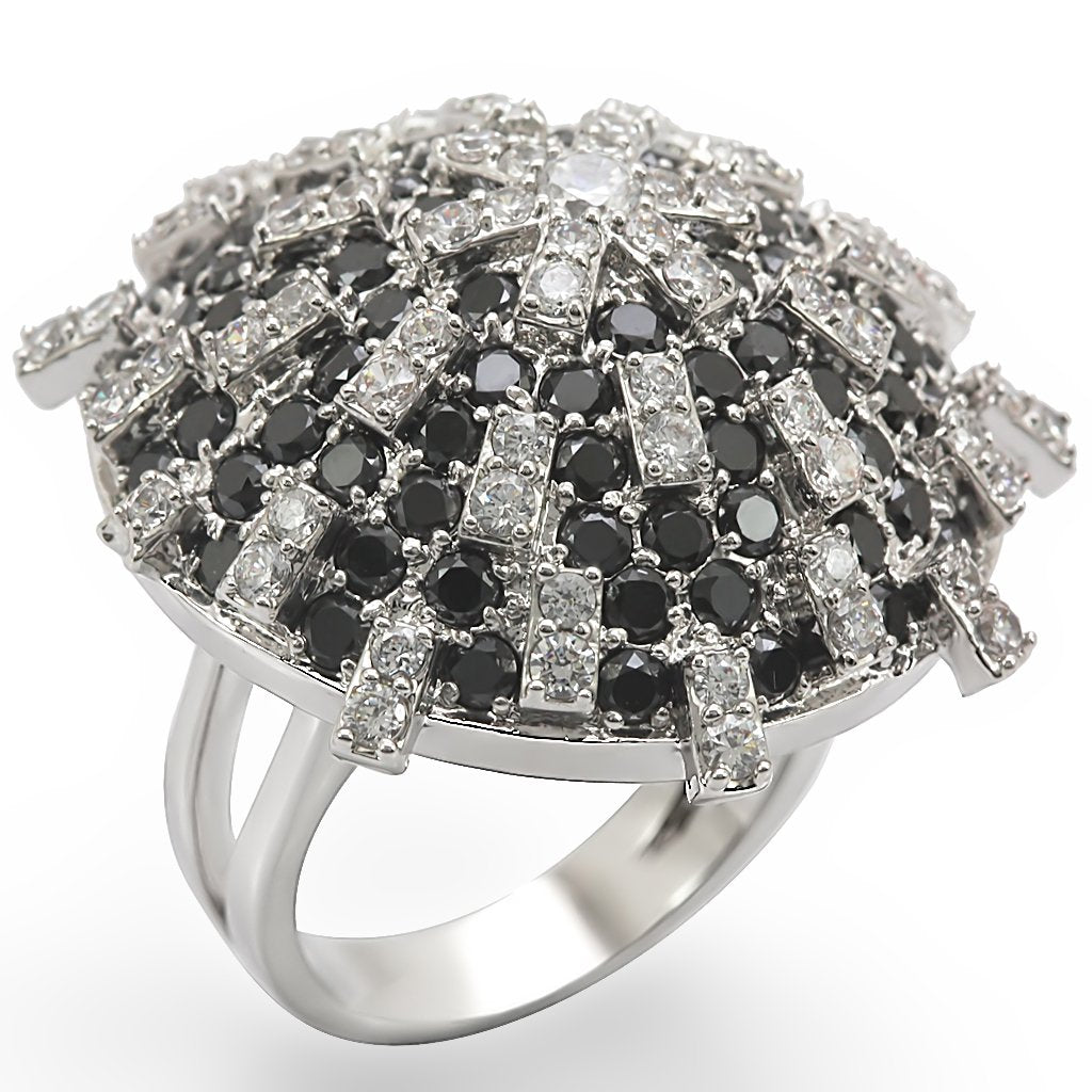 1W029 - Rhodium Brass Ring with AAA Grade CZ  in Black Diamond-0