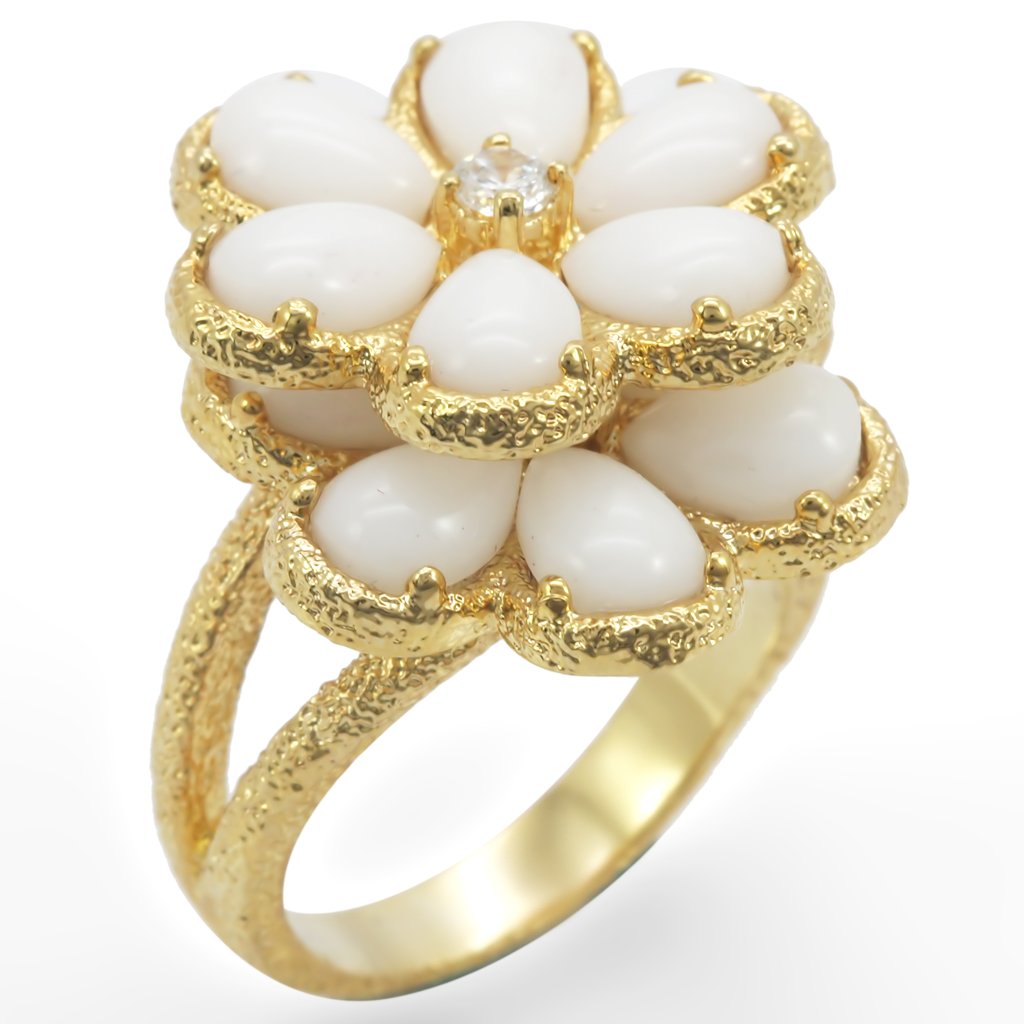 1W045 - Gold Brass Ring with Synthetic Synthetic Glass in White-0