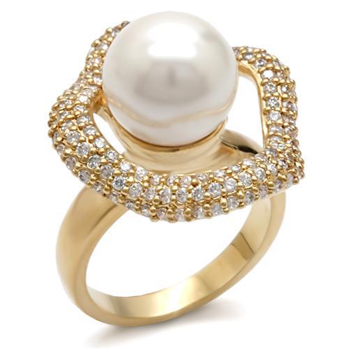 1W103 - Gold Brass Ring with Synthetic Pearl in White-0