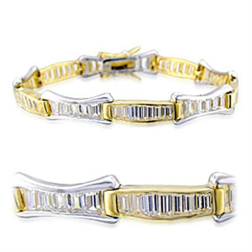 32013 - Gold+Rhodium Brass Bracelet with AAA Grade CZ  in Clear-0