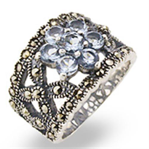 32330 - Antique Tone 925 Sterling Silver Ring with Synthetic Spinel in Sea Blue-0