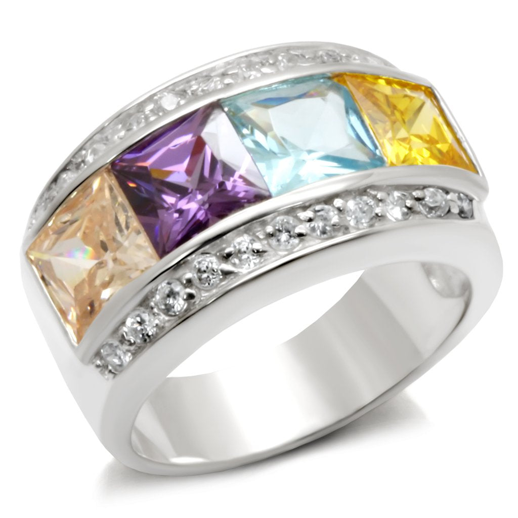 32919 - High-Polished 925 Sterling Silver Ring with AAA Grade CZ  in Multi Color-0