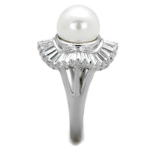 3W1073 - Rhodium Brass Ring with Synthetic Pearl in White-3