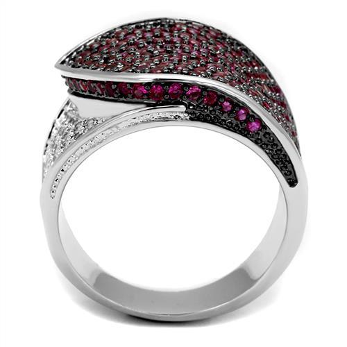 3W1217 - Rhodium + Ruthenium Brass Ring with AAA Grade CZ  in Ruby-2