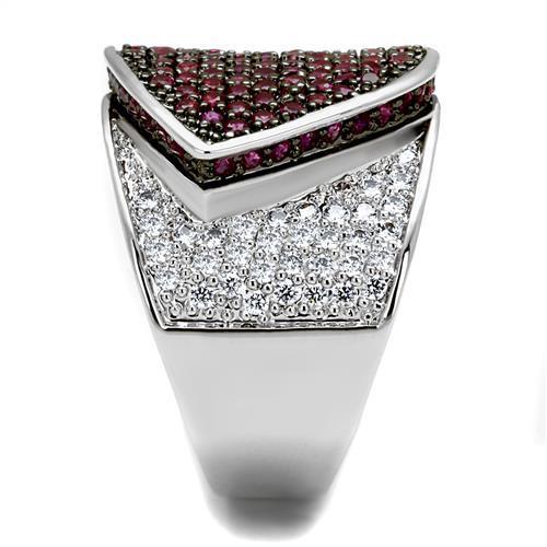 3W1217 - Rhodium + Ruthenium Brass Ring with AAA Grade CZ  in Ruby-3