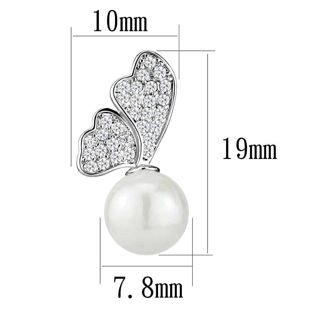 3W1299 - Rhodium Brass Earrings with Synthetic Pearl in White-1