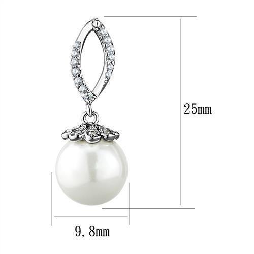 3W1301 - Rhodium Brass Earrings with Synthetic Pearl in White-1