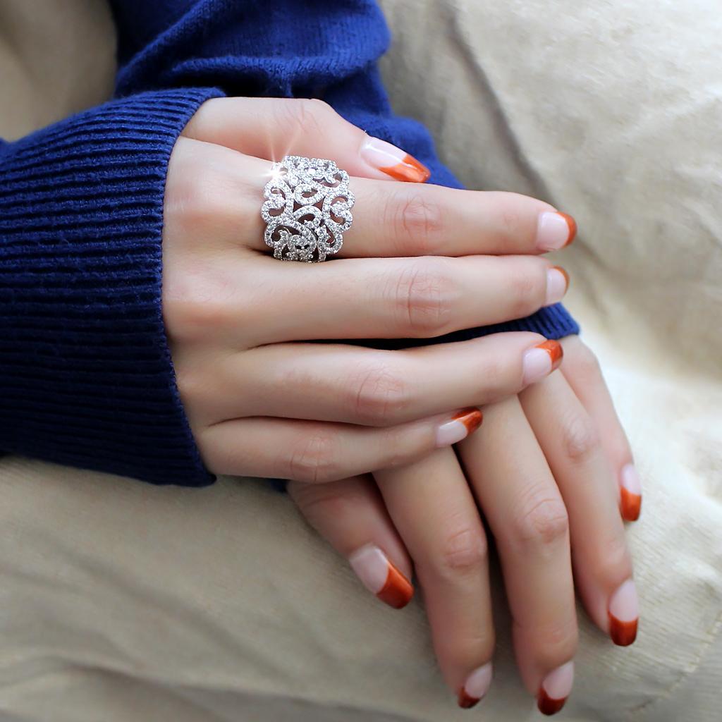 3W1439 - Rhodium Brass Ring with AAA Grade CZ  in Clear-4