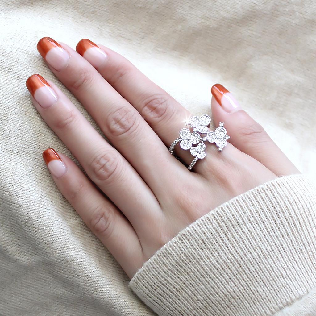 3W1447 - Rhodium Brass Ring with AAA Grade CZ  in Clear-4