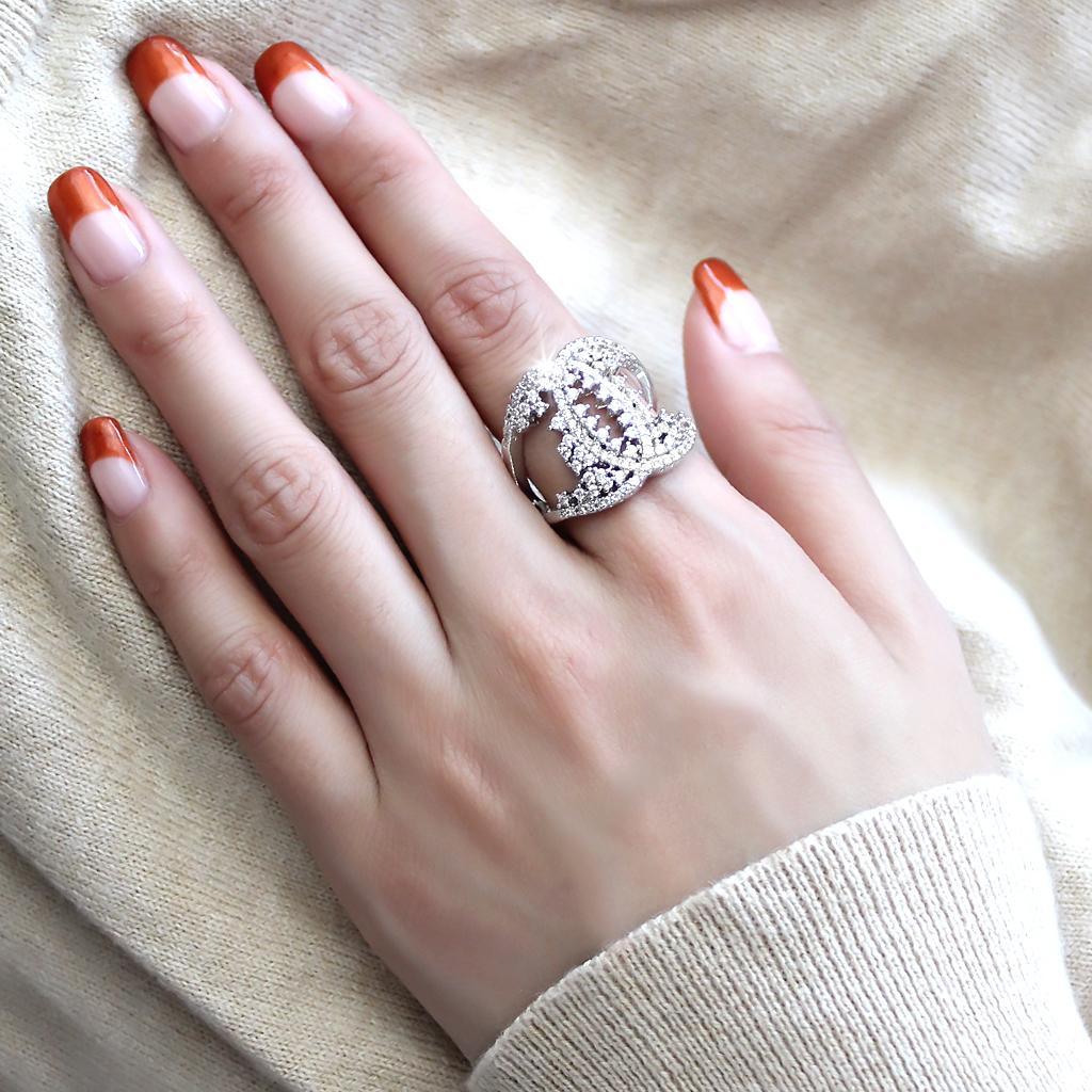 3W1448 - Rhodium Brass Ring with AAA Grade CZ  in Clear-4