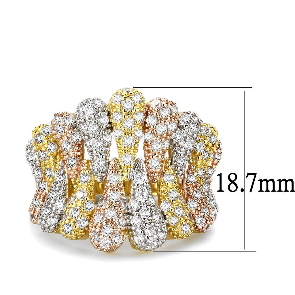 3W1462 - Tricolor Brass Ring with AAA Grade CZ  in Clear-1