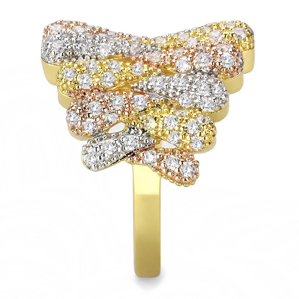 3W1462 - Tricolor Brass Ring with AAA Grade CZ  in Clear-3