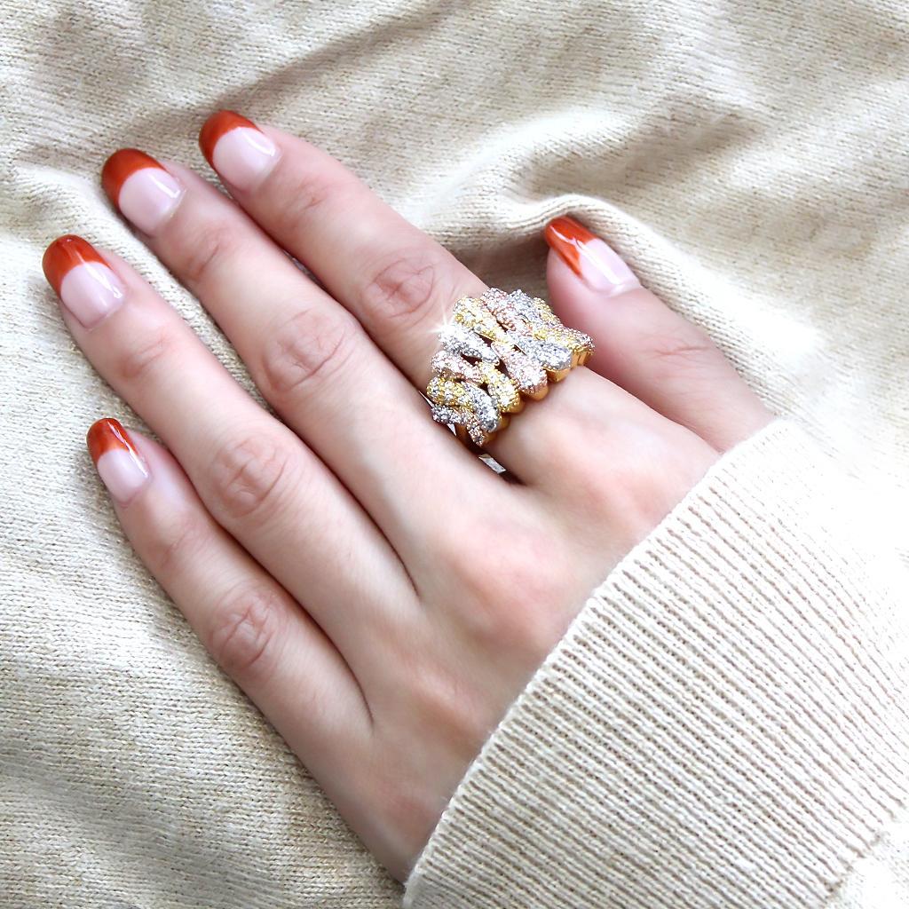 3W1462 - Tricolor Brass Ring with AAA Grade CZ  in Clear-4