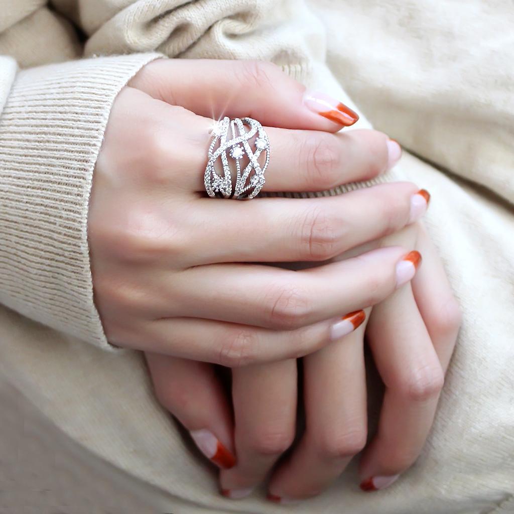 3W1463 - Rhodium Brass Ring with AAA Grade CZ  in Clear-4