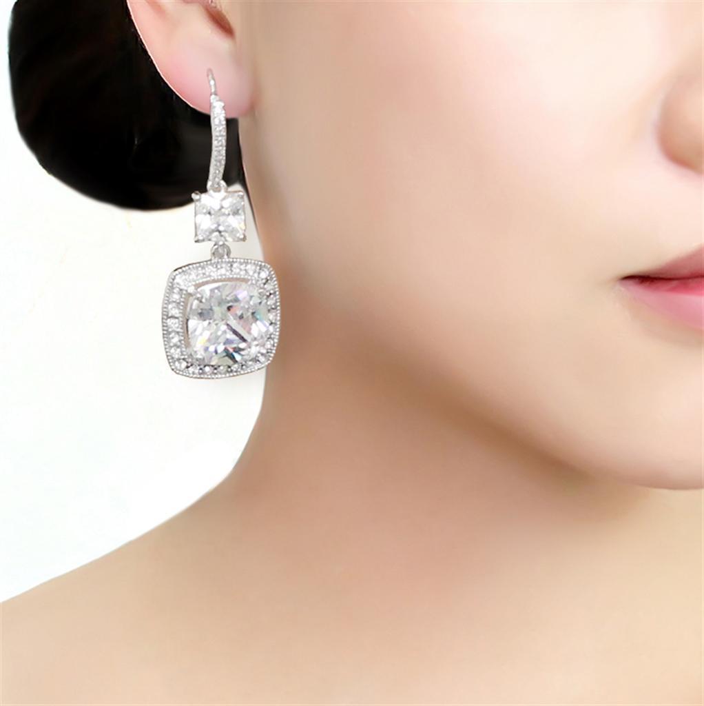 3W1477 - Rhodium Brass Earrings with AAA Grade CZ  in Clear-2