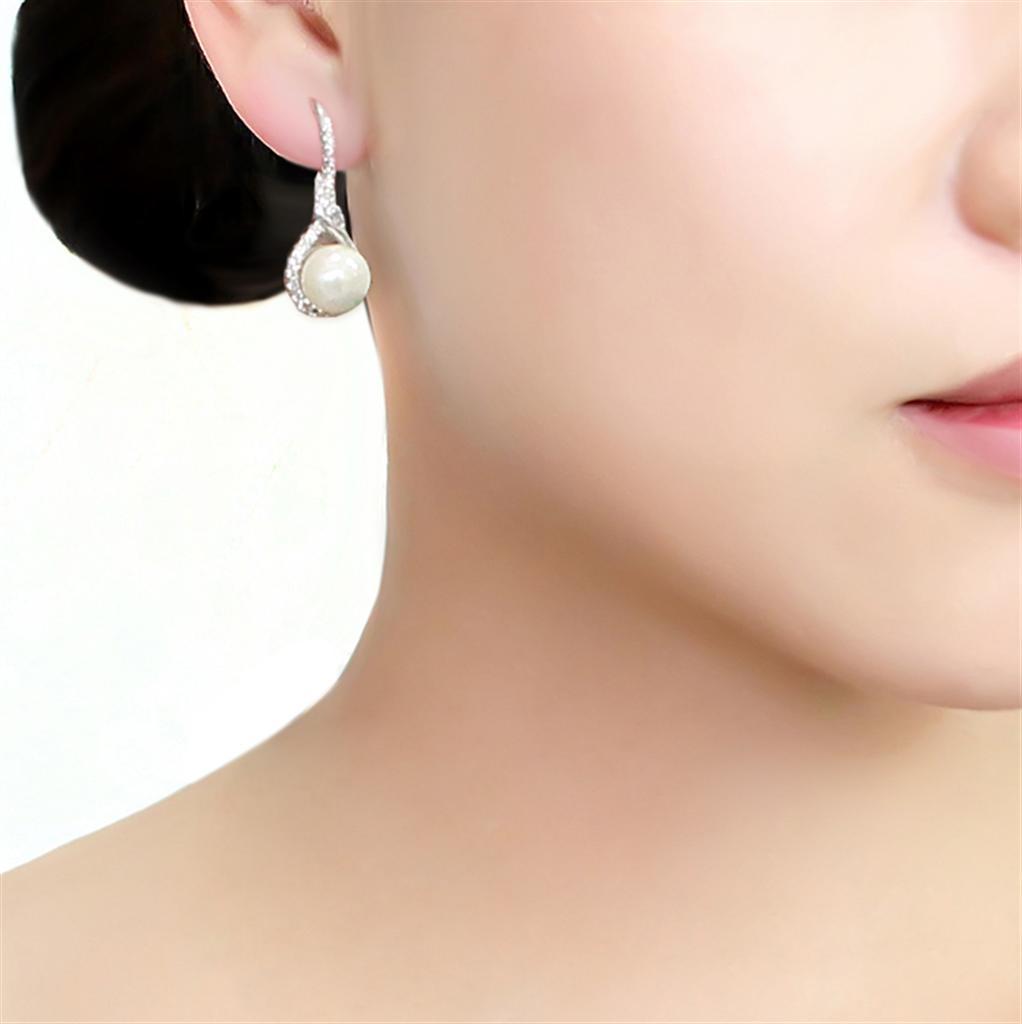 3W1478 - Rhodium Brass Earrings with Synthetic Pearl in White-2