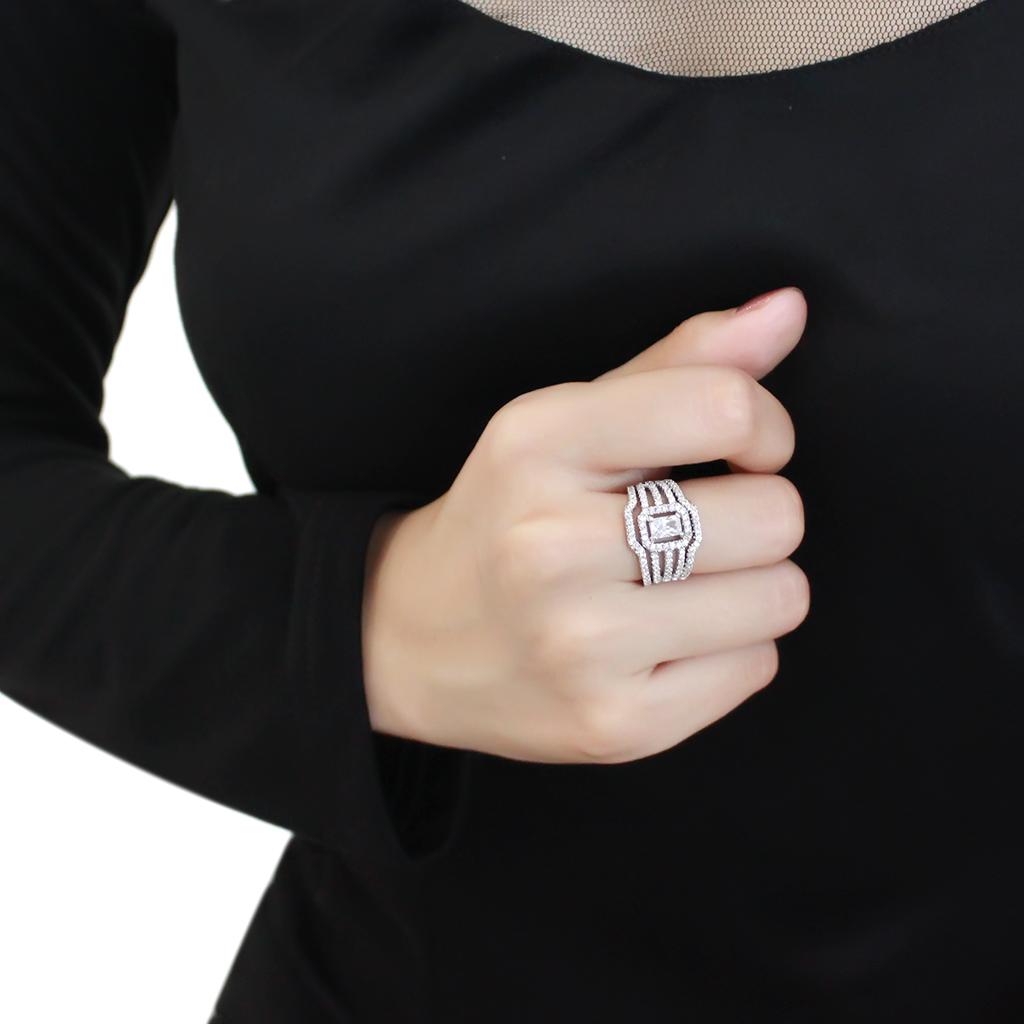 3W1503 - Rhodium Brass Ring with AAA Grade CZ  in Clear-4