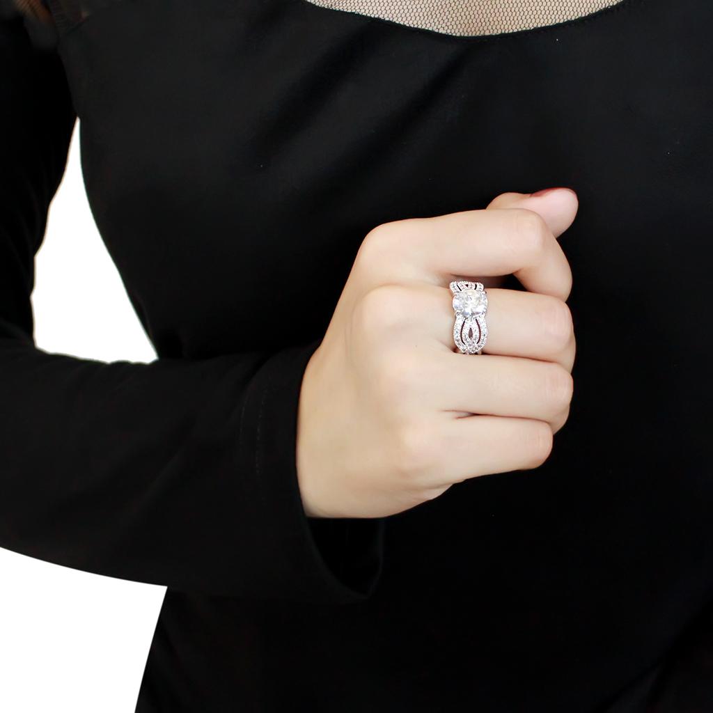 3W1517 - Rhodium Brass Ring with AAA Grade CZ  in Clear-4