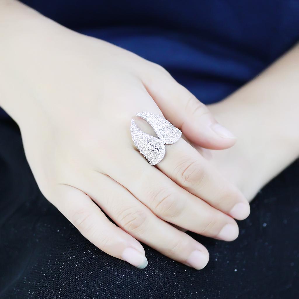 3W1543 - Rhodium Brass Ring with AAA Grade CZ  in Clear-4