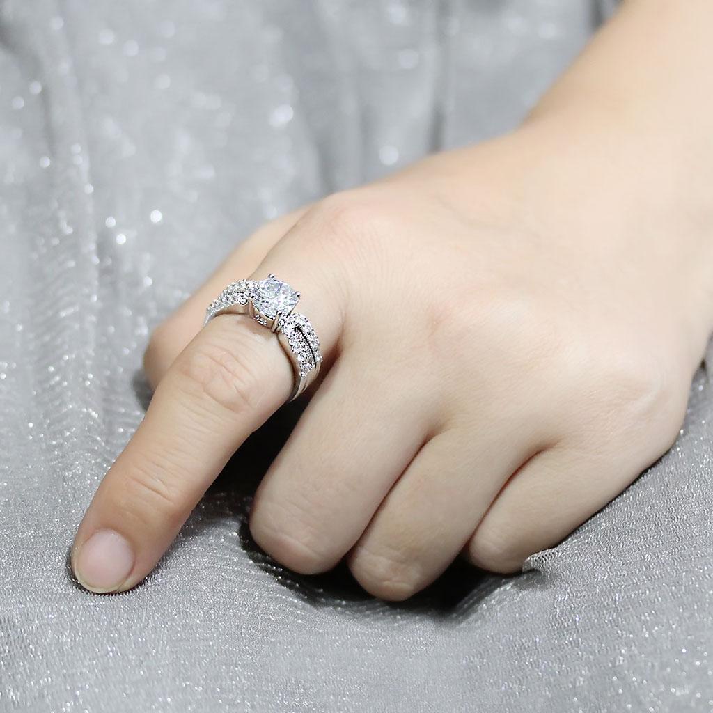 3W1554 - Rhodium Brass Ring with AAA Grade CZ  in Clear-4