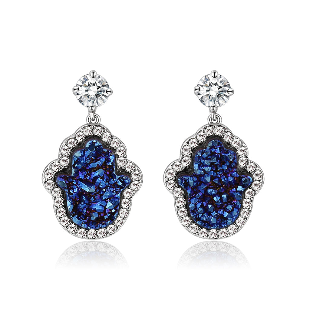 3W1723E -  Imitation Rhodium+E-coating Brass Earring with Druzy in Capri Blue-0