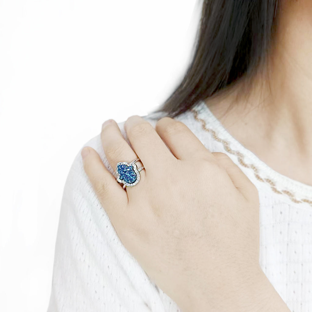 3W1723 -  Imitation Rhodium+E-coating Brass Ring with Druzy in Capri Blue-2