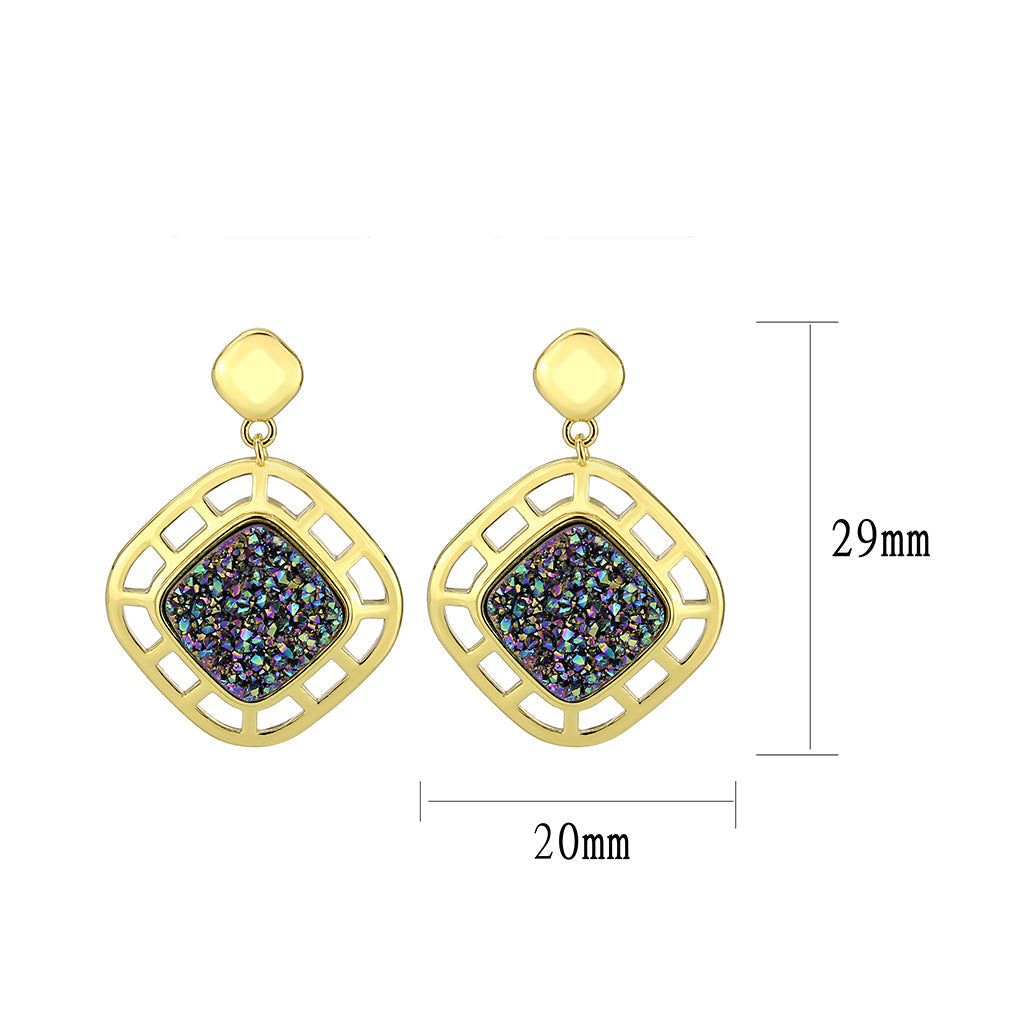 3W1724E - Flash Gold+E-coating Brass Earring with Druzy in Purple Series-1