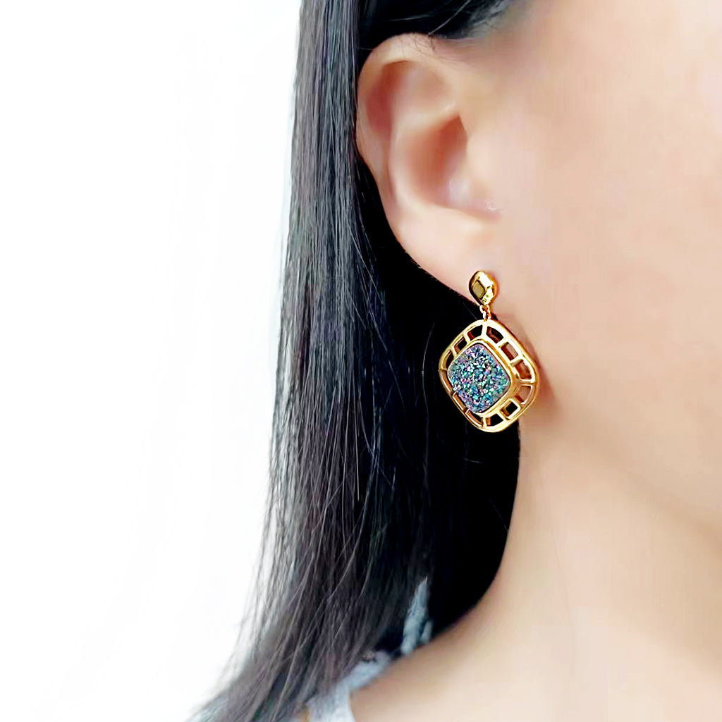3W1724E - Flash Gold+E-coating Brass Earring with Druzy in Purple Series-2