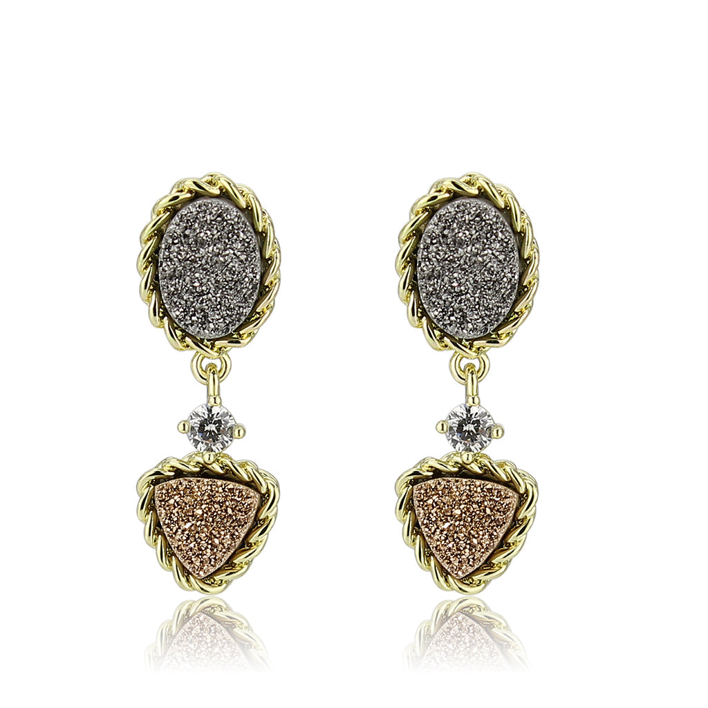 3W1728E - Flash Gold+E-coating Brass Earring with Druzy in MultiColor-3