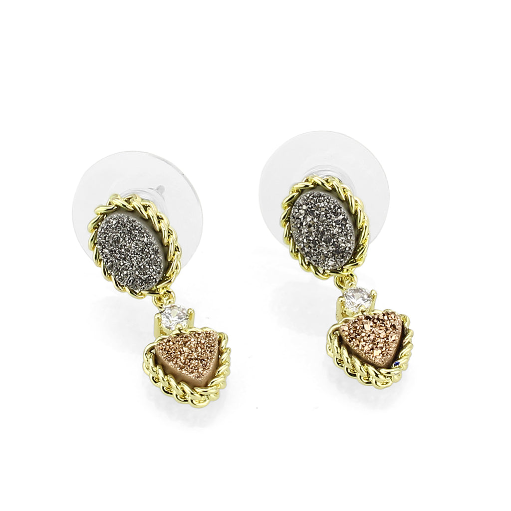 3W1728E - Flash Gold+E-coating Brass Earring with Druzy in MultiColor-1