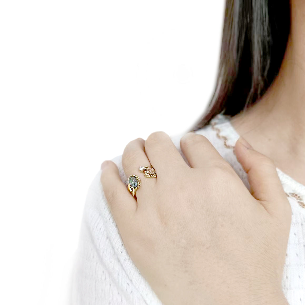 3W1728 - Flash Gold+E-coating Brass Ring with Druzy in Multi Color-4