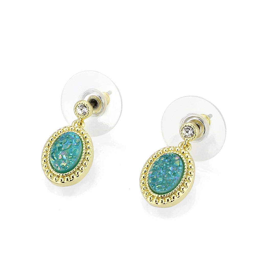 3W1731E - Flash Gold+E-coating Brass Earring with Druzy in Sea Blue-0