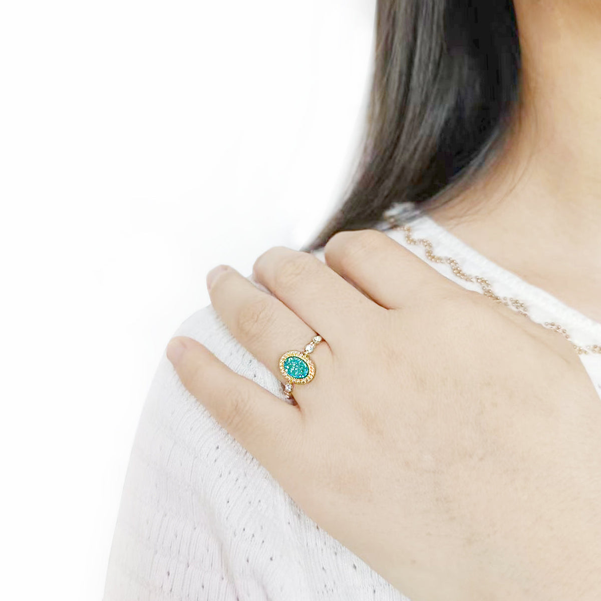 3W1731 - Flash Gold+E-coating Brass Ring with Druzy in SeaBlue-4