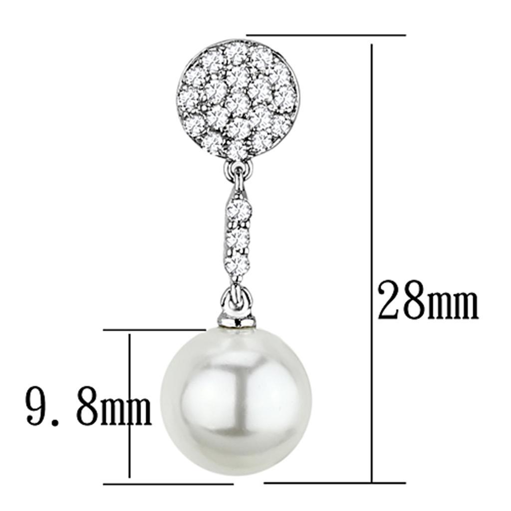 3W350 - Rhodium Brass Earrings with Synthetic Pearl in White-1