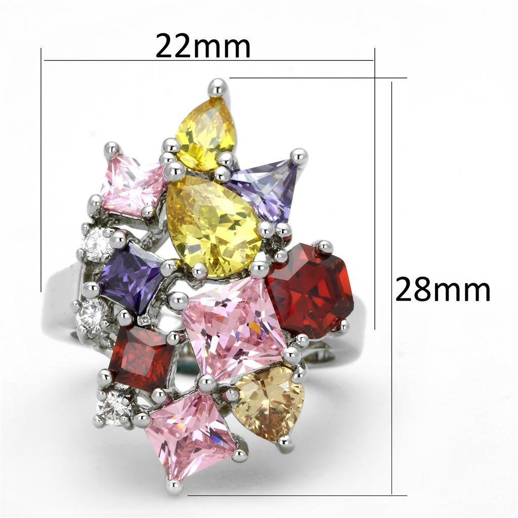 Ela Cocktail Ring - Rhodium Brass, AAA CZ , Multi Color - 3W599-1