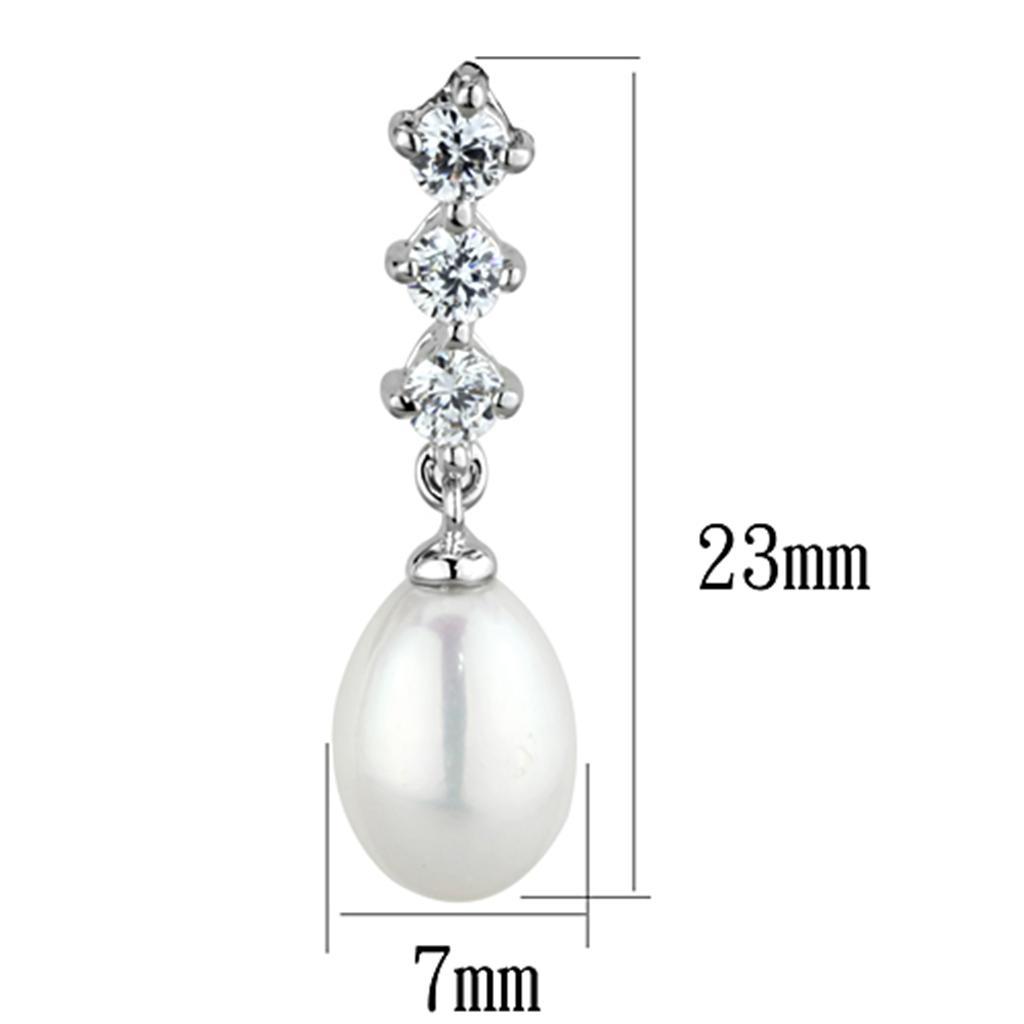 3W679 - Rhodium Brass Earrings with Semi-Precious Pearl in White-1