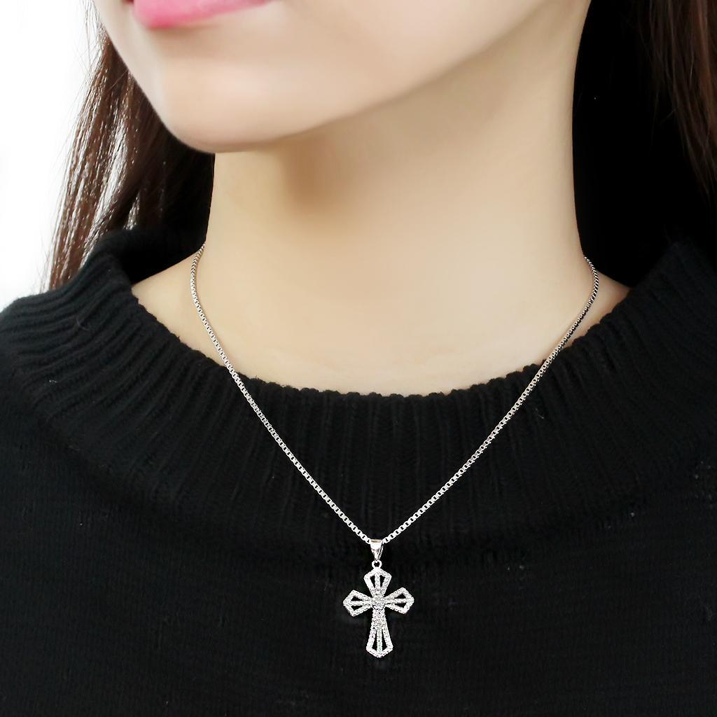3W850 - Rhodium Brass Chain Pendant with AAA Grade CZ  in Clear-2