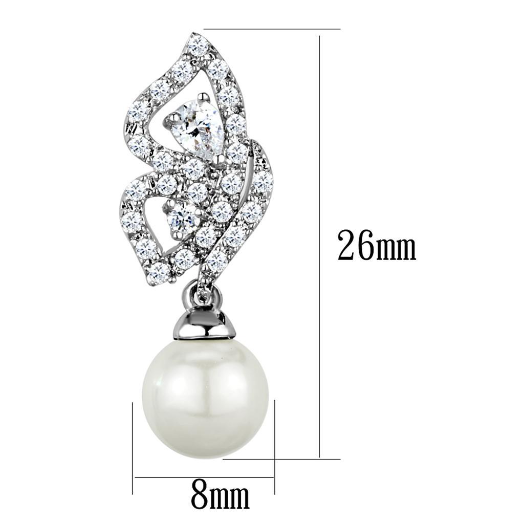 3W902 - Rhodium Brass Earrings with Synthetic Pearl in White-1
